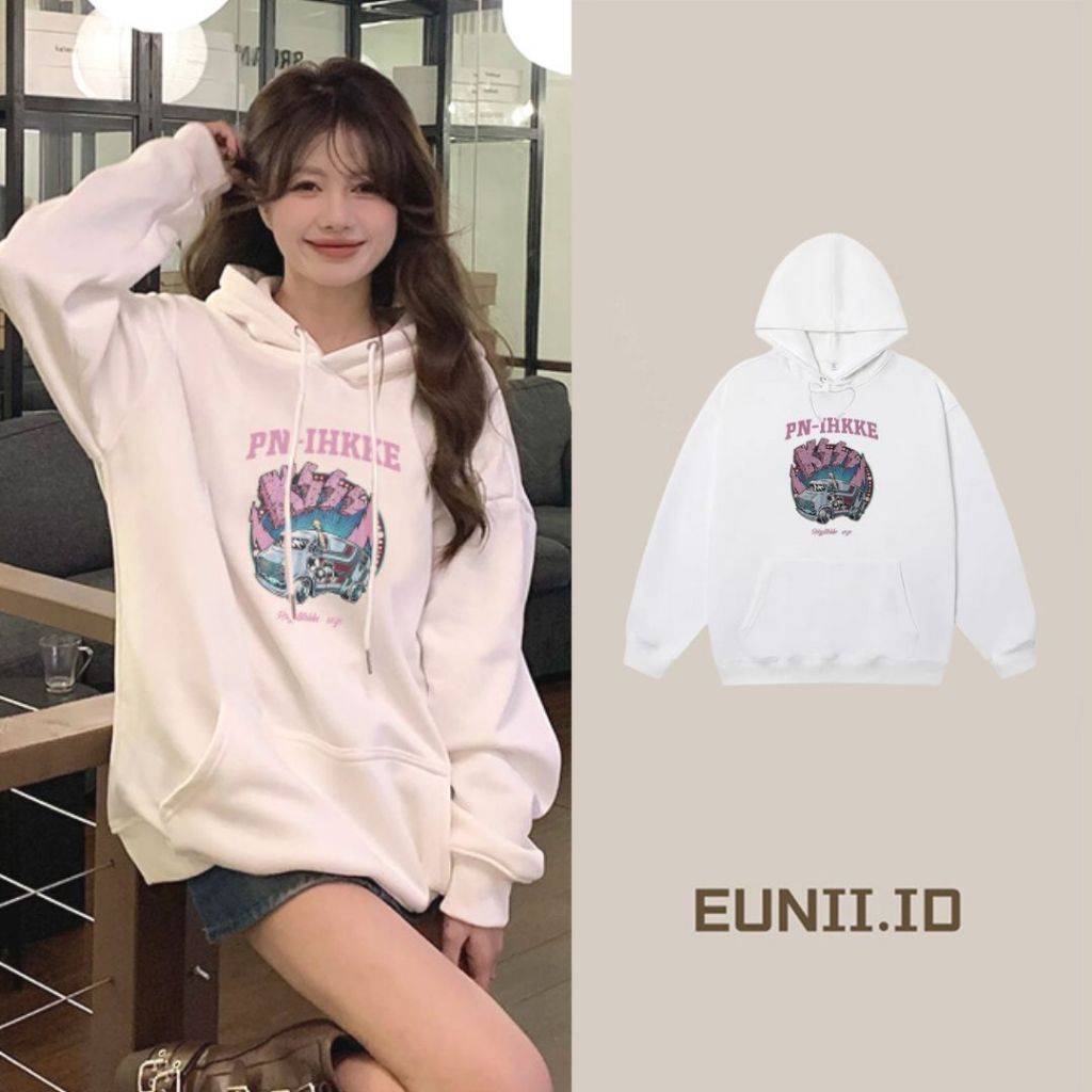EUNII Hoodie Sweater Lengan Panjang  Retro Car Korean Style/Sweater Crop/Baju Wanita/Switer Wanita/S