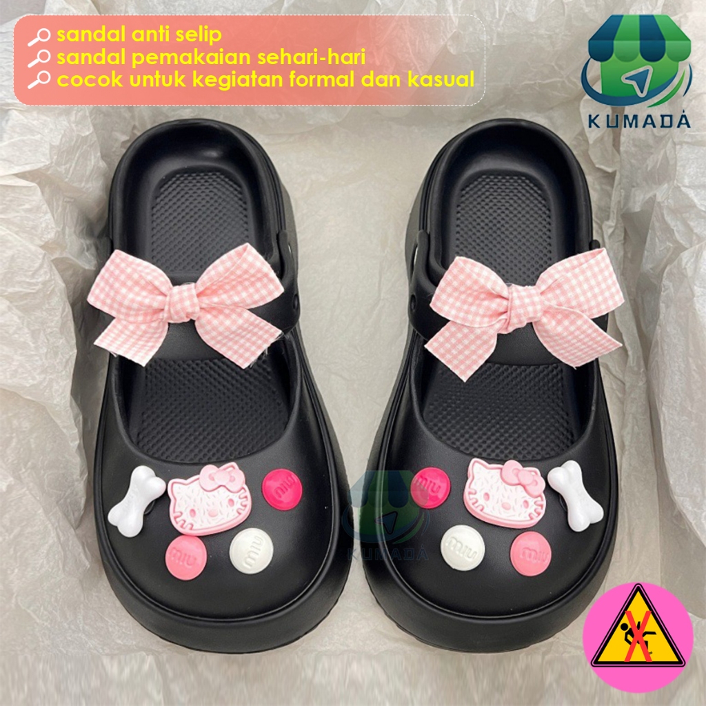 Sandal Kodok Dewasa Wanita  Sepatu Sendal Baim Wedges Platform PVC Dengan Assesoris Pita