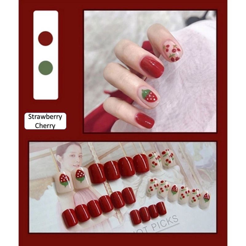 ( diolyn.id ) 24 PCS KUKU PALSU + LEM Motif red strawberry & Cherry | stroberi merah | Fake nail kor