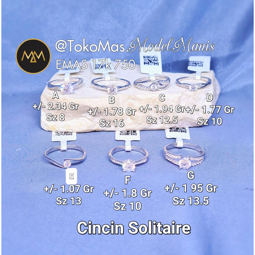 Cincin Solitaire Variasi Emas Putih 750 kadar 17k