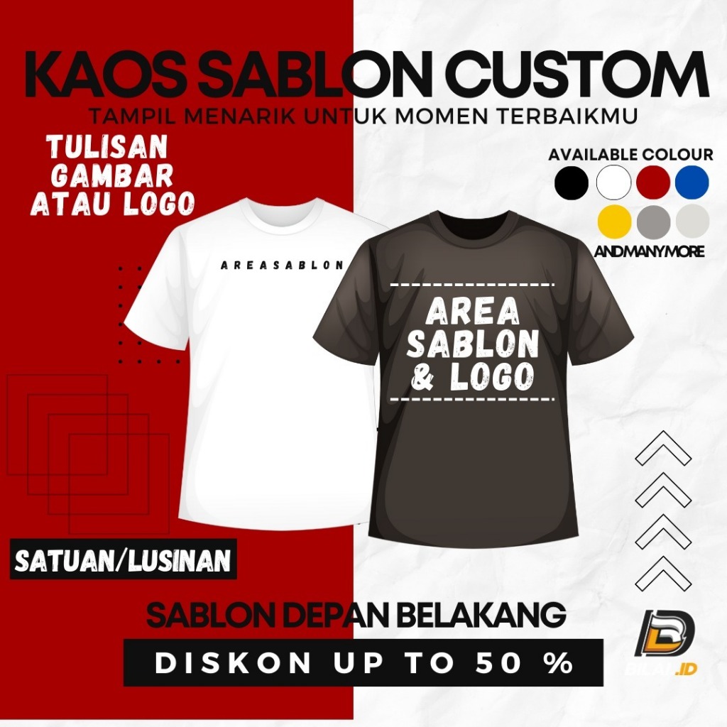 Kaos Polos Custom Satuan Desain Sendiri Teknik Sablon Digital Printing DTF Kualitas Terbaik Baju Len