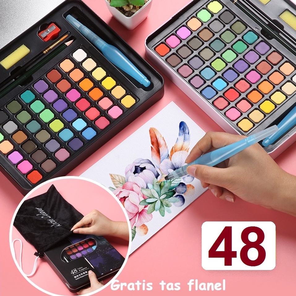 

12.12 FLASH SALE Solid Watercolor Set Cat Air Lukis Warna Paint Set 48 Watercolor Alat Cat Air Termasuk Kuas dan Kertas Gambara serbuuu !