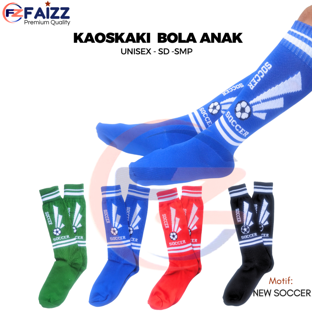 Kaos Kaki Bola Anak Warna biru Panjang Sport Distro Premium Bahan Tebal Motif NEW Soccer / Kaos Kaki