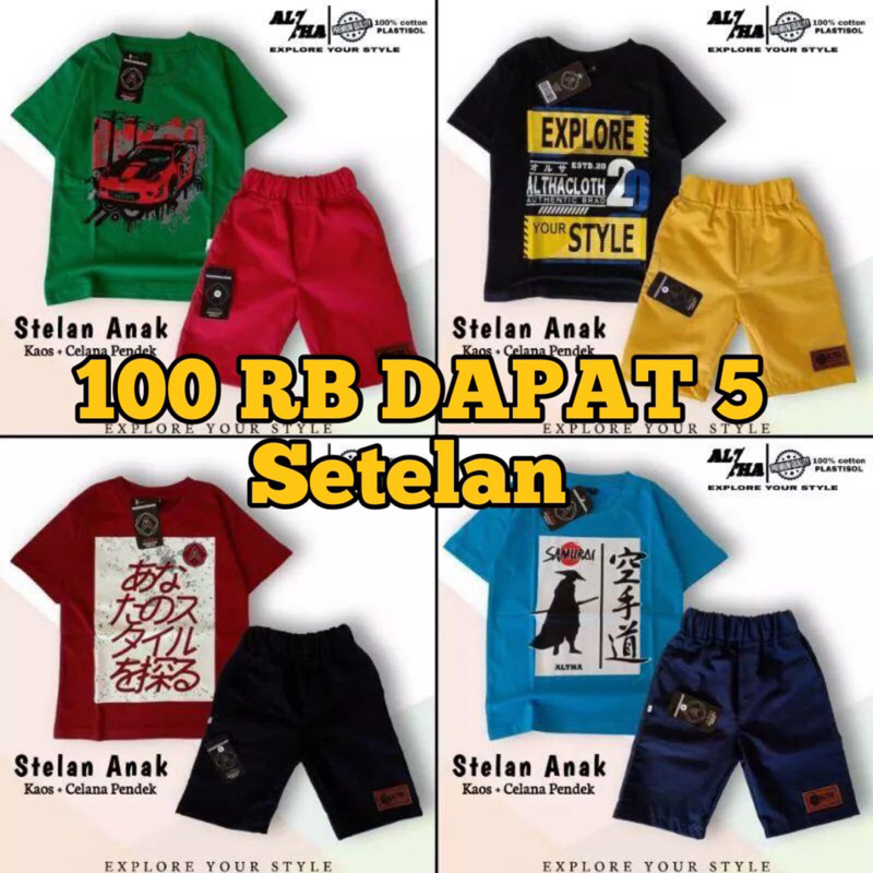 Paket Promo 100ribu Dapat Setelan Anak 5 Kaos + 5 Celana pendek Polos Chinos