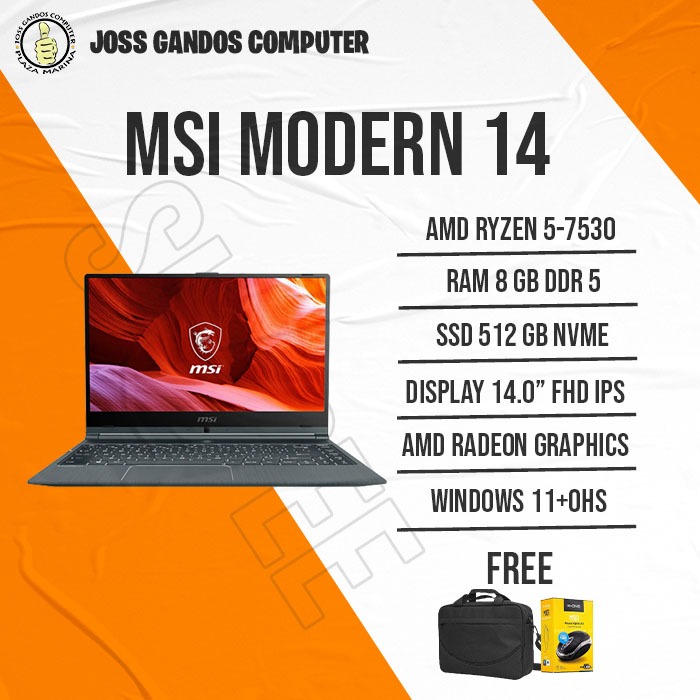 MSI MODERN 14/RYZEN 5-7530/RAM 8 GB/SSD 512 GB/WIN 11/DISPLAY 14.0"IPS