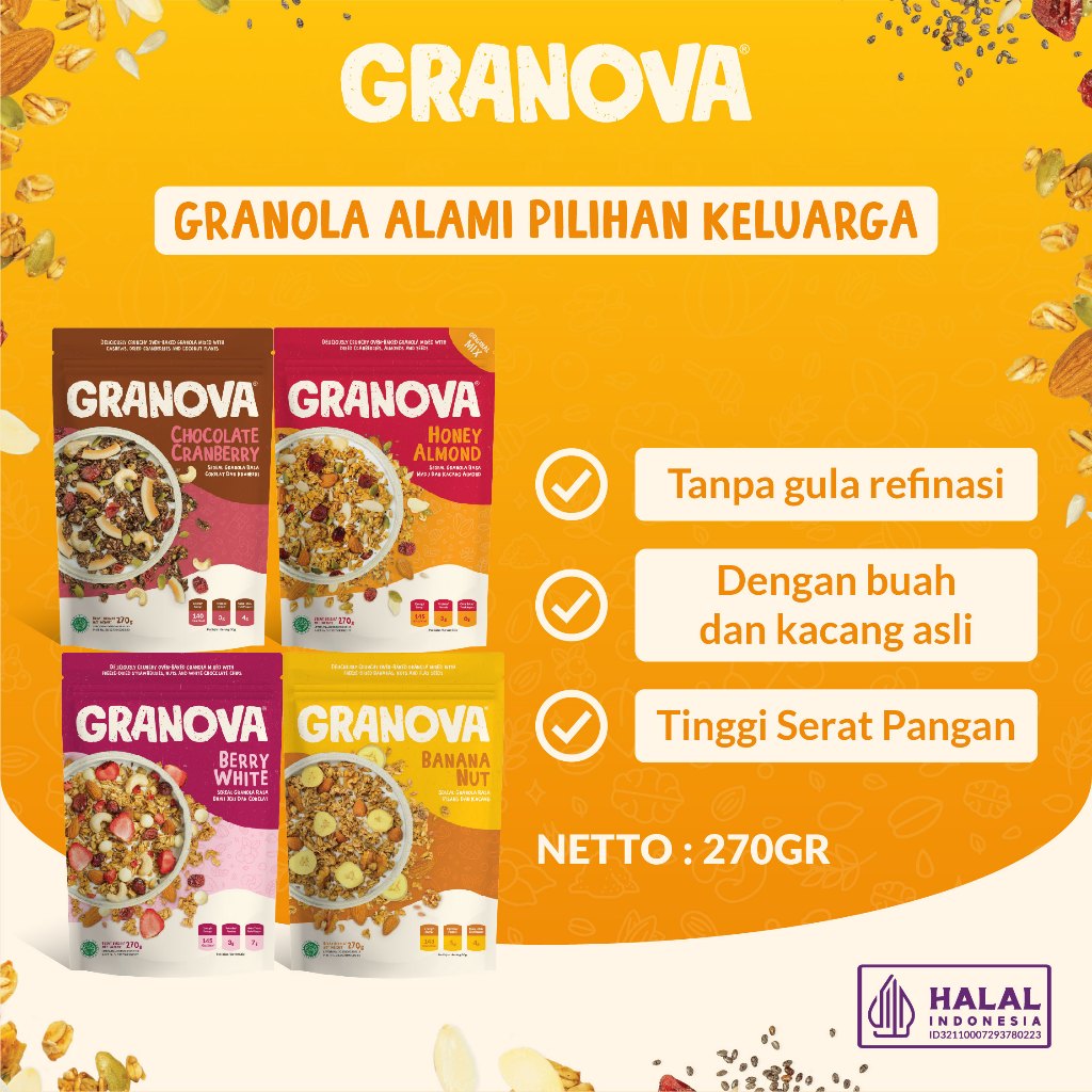 

Granova - Granola 270 gr x 1 pc (Honey Almond, Choco Cranberry, Berry White, Banana Nut) - Sereal, Sarapan Sehat, Halal