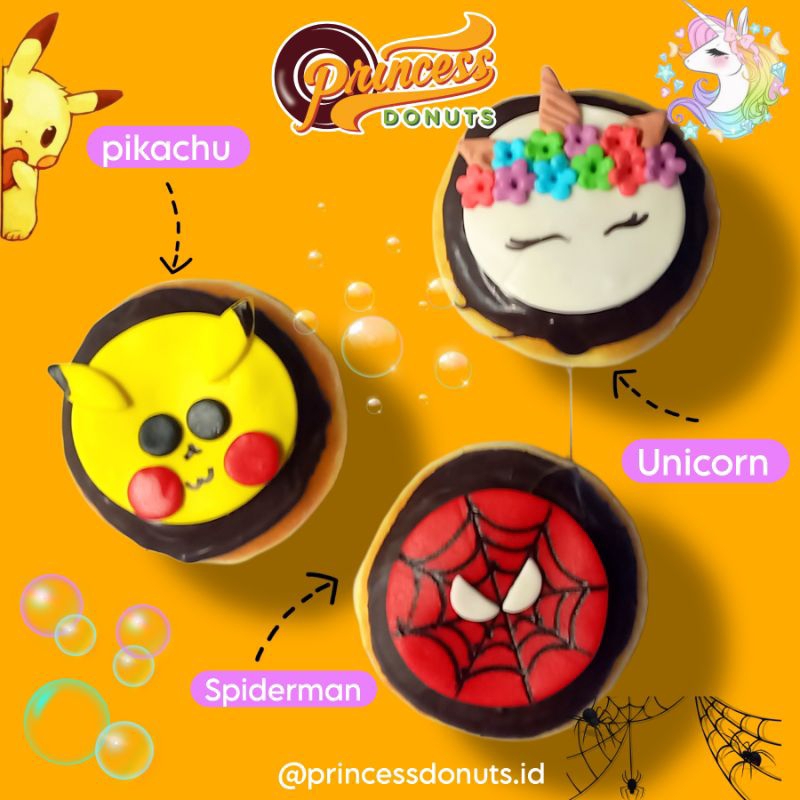 

Donat Karakter isi 3 Unicorn, Pikachu, Spiderman