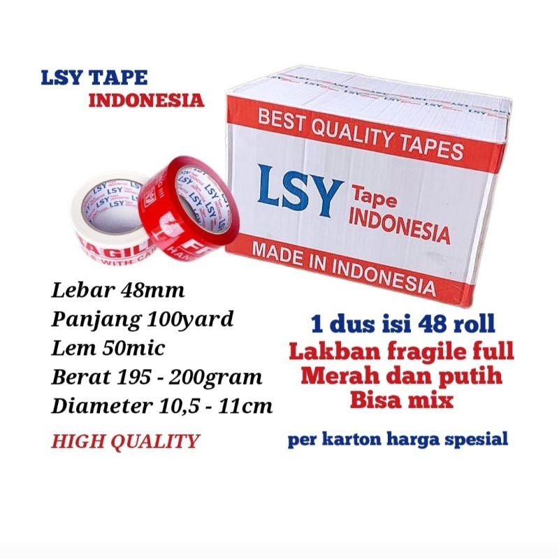 

lakban fragile full merah & putih 100yard 1 dus isi 48 roll LSY TAPE INDONESIA ( CBM )