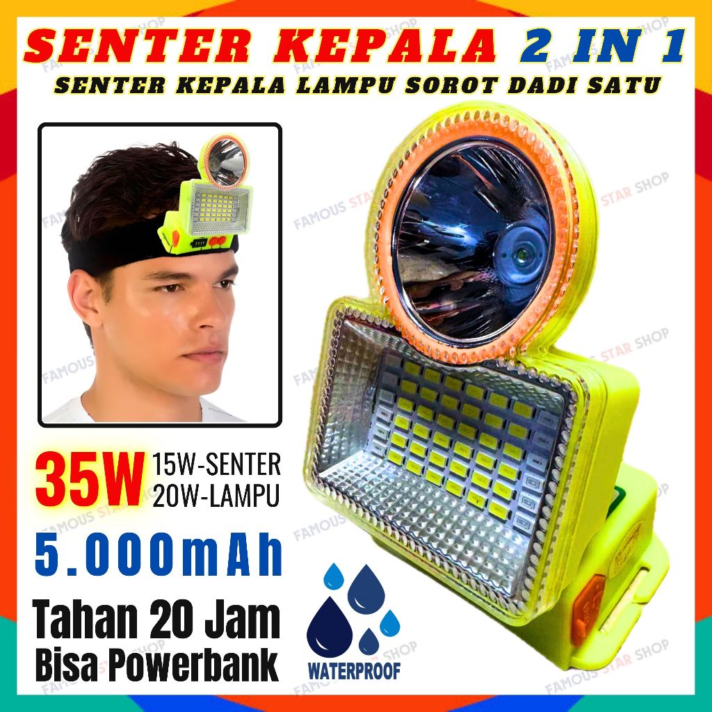 Produk Terbaru KAWACHI HEADTORCH LY-1520A+ Senter Kepala Dan Lampu Sorot JADI SATU 35W ( 15W Senter 