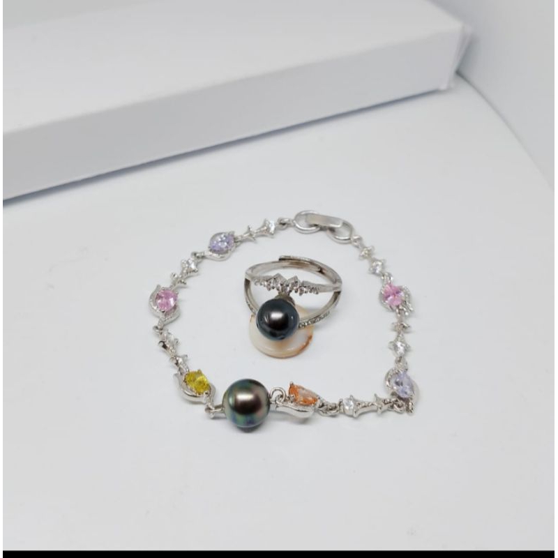 set mutiara laut cincin mutiara laut gelang mutiara laut stelan Rhodium