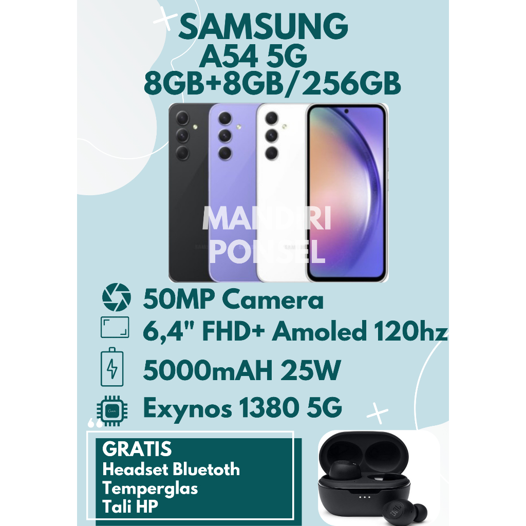 SAMSUNG A54 5G RAM 16GB (8+8 EXTEND/256 GB) GRATIS HEADSET BLUETOOH, TEMPERGLAS dan TALI HP