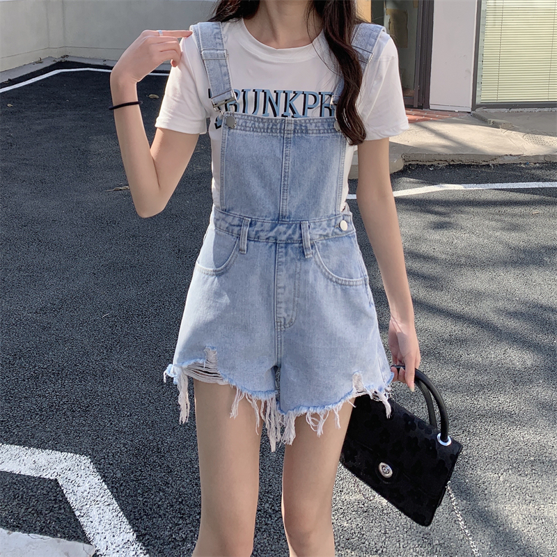 【wanita_id】Denim Brace Celana Pendek Jumpsuit Wanita Korea Style Celana Cute Celana Longgar Lebar Kaki