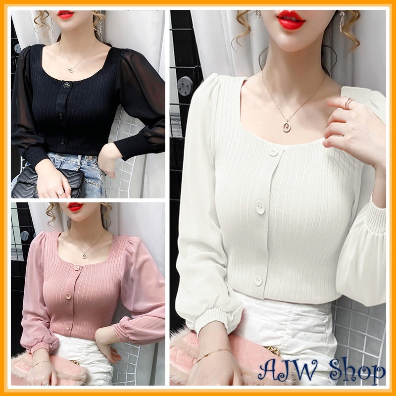 AJW Atasan Blouse Rajut Wanita Kekinian XBH | Puffy Blouse Lengan Panjang Wanita Korean Style |  Blo