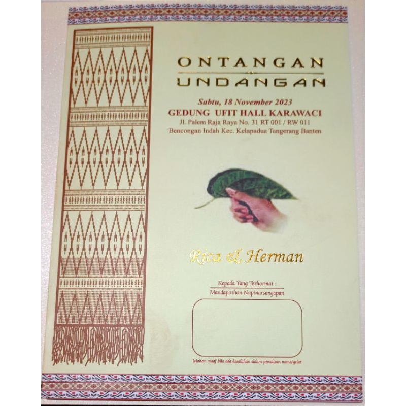 Cetak Undangan Batak Simalungun/Ontangan/Lipat 2/Laminating Doff/elegant mewah