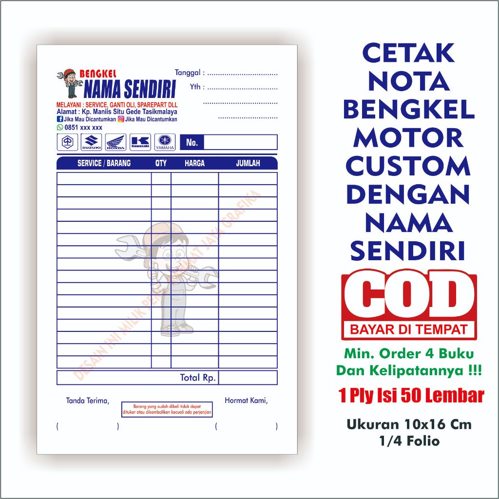 

Cetak Nota Bengkel Motor Custom 1ply Nama Sendiri Free Desain Min. order 4 buku Rahmat Jaya Grafika