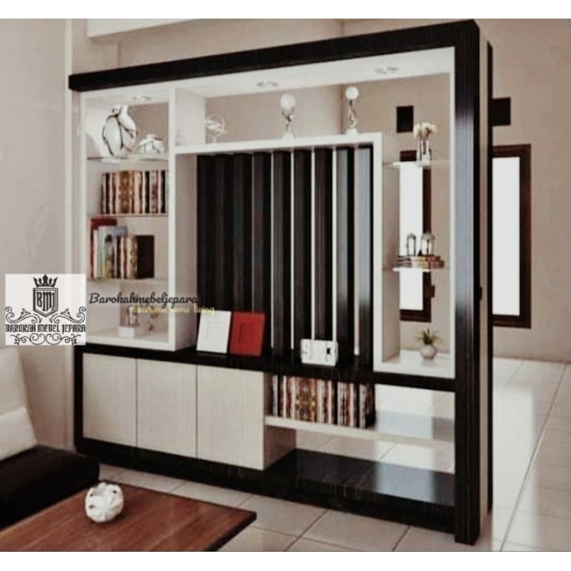 Partisi Sketsel penyekat ruangan dua muka 2,5m / Bufet partisi jati 2 muka