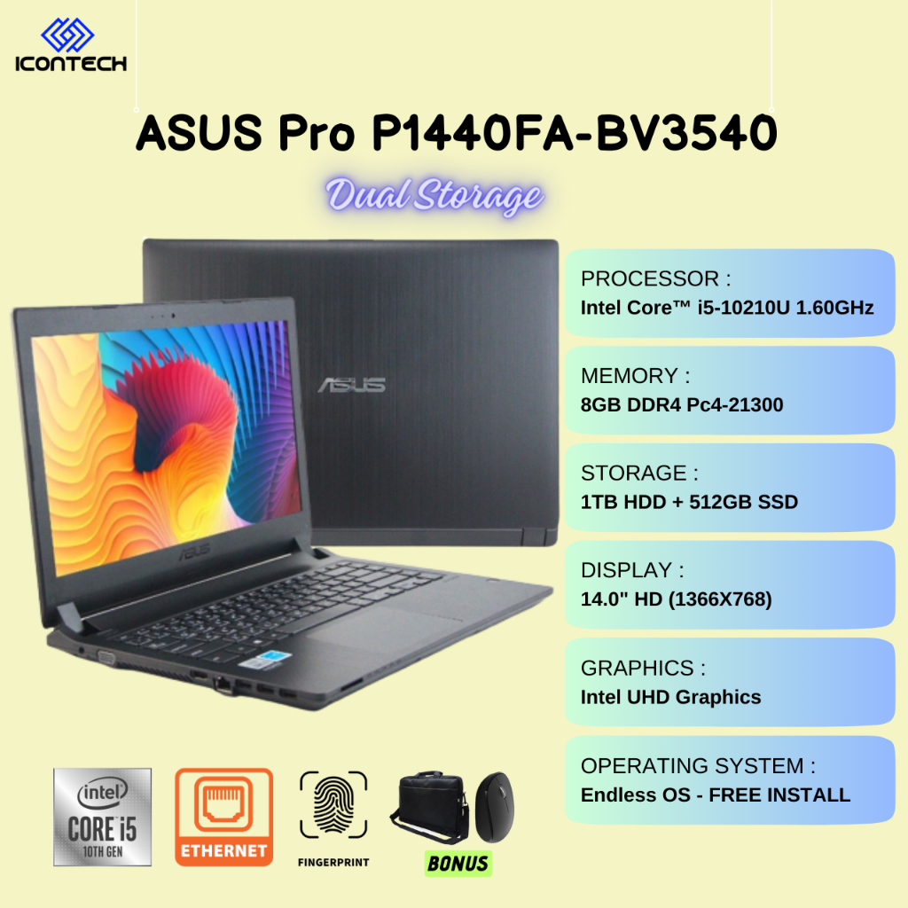 ASUS Pro P1440FA-BV3540 | I5-10210U | 16GB RAM | 1TB+512 SSD | 14"