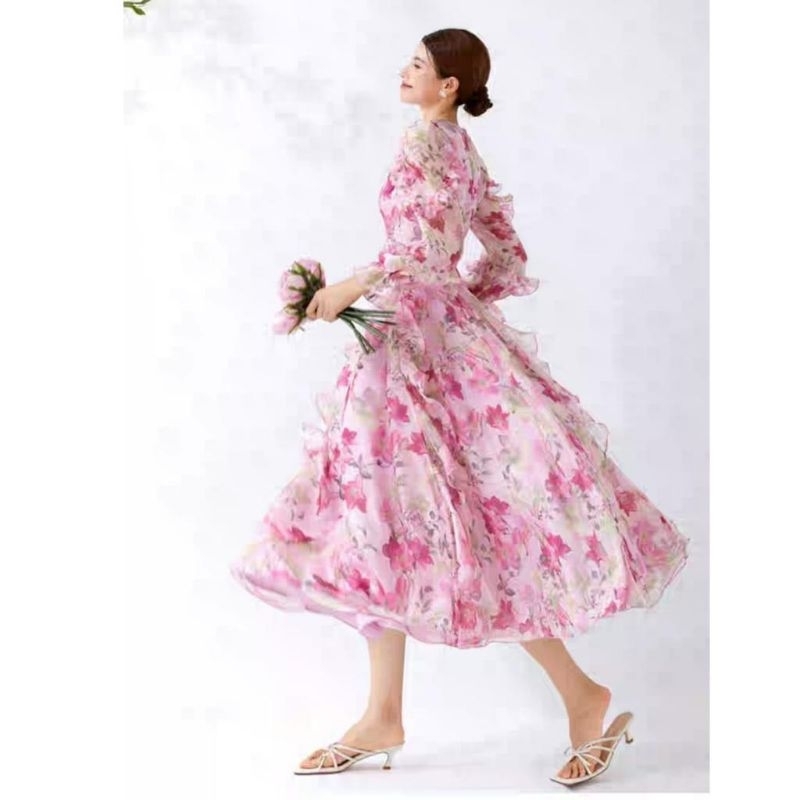 91933 Fashion maxi long dress dres lengan panjang karet ngaret kembang ngembang megar mekar bunga-bu