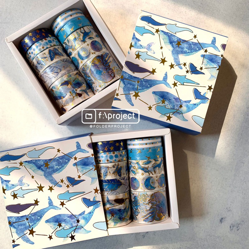 

(READY) 10 ROLL BLUE OCEAN GOLD FOIL WASHI TAPE | milkyway whale planet jellyfish laut lucu planner bujo selotip kertas emas silver dekorasi diy deco postcard photocard journaling scrapbook pc postcard glow in the dark sticker stiker art craft