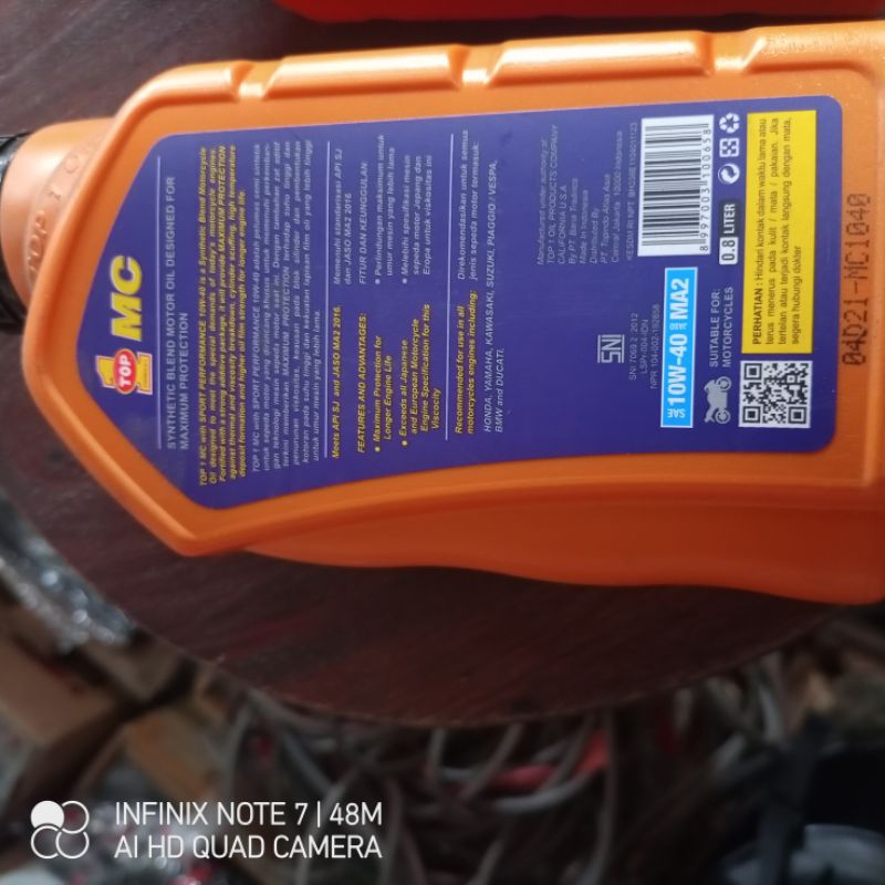 oli mesin 10w 40 0,8l top 1 mc sport