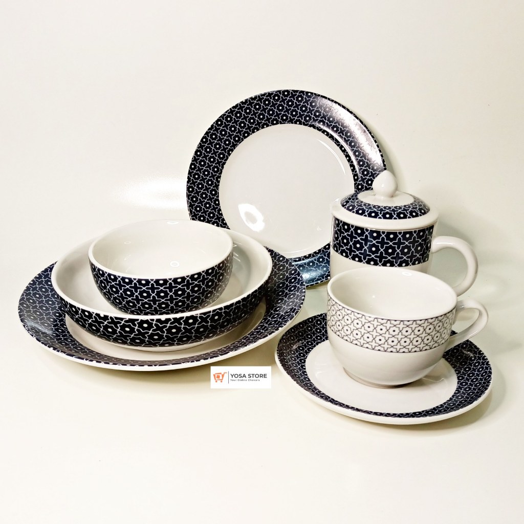 Piring , Mangkok, Cangkir Keramik Tebal Motif Blue Star Kedaung Home