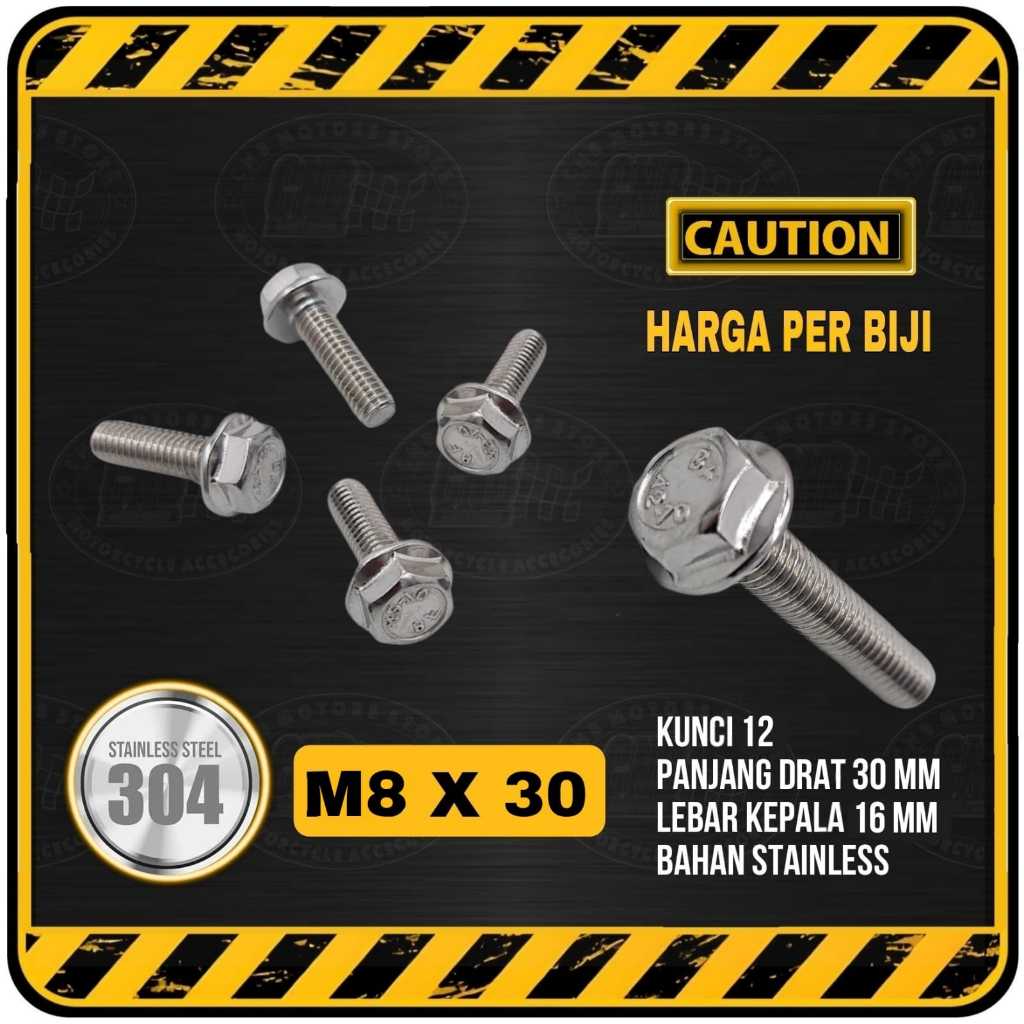 Baut Flange STAINLESS M8 x 30 || M8x30 ( Setara Baut Kunci 12 | Panjang 30 mm / 3 cm )