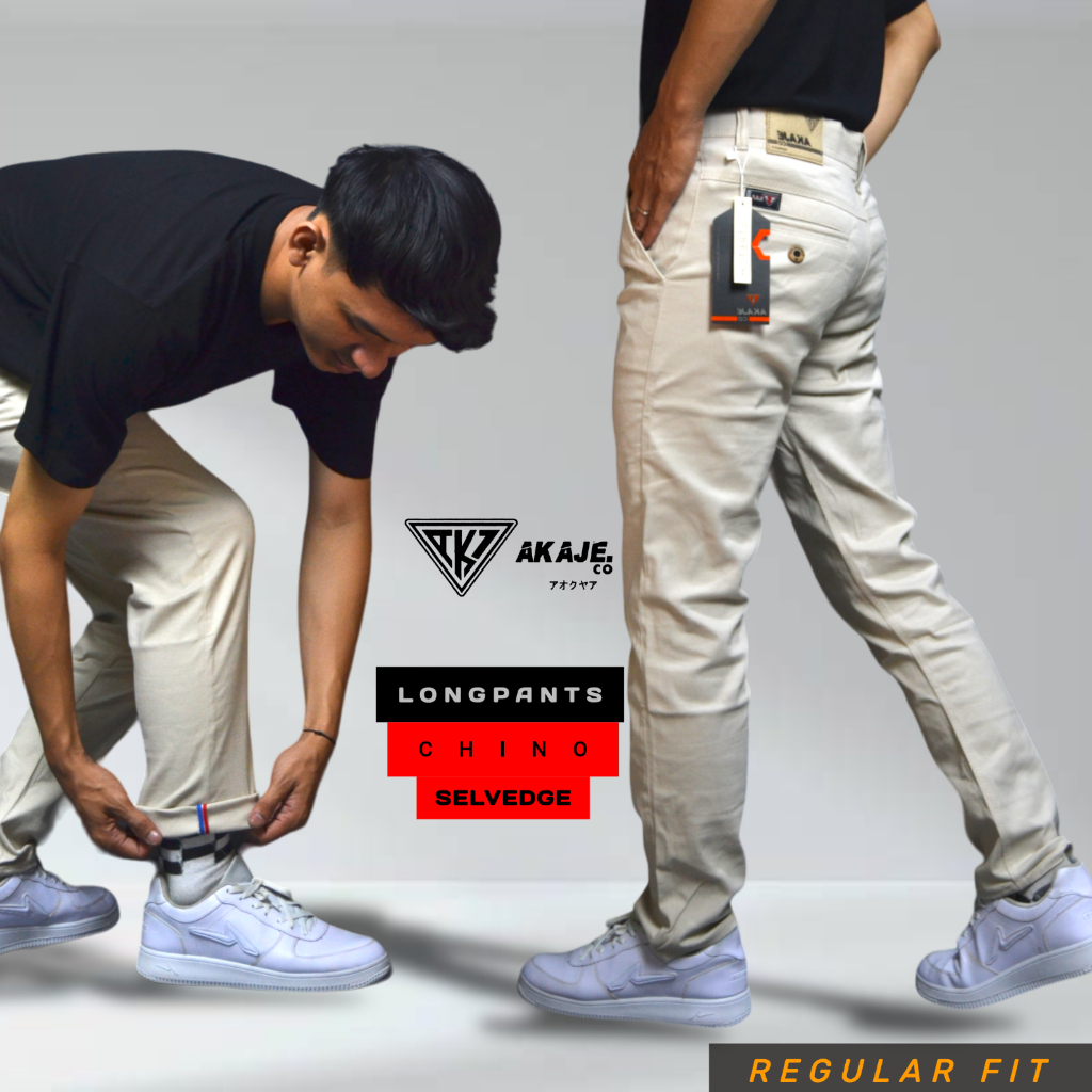 AKAJE Celana Chino Panjang Cream Basic Regular Fit Selvedge Bahan Katun Premium Stretch Melar