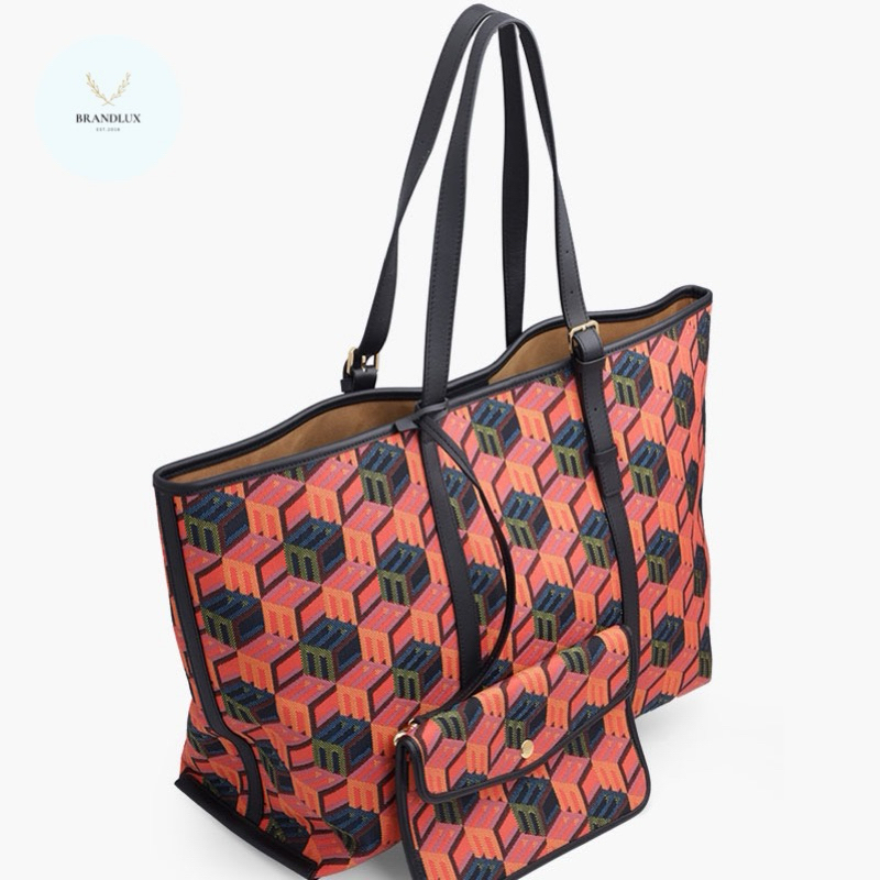 MCM Medium Cubic Monogram Shopper Tote Bag in Black Multicolor with Pouch