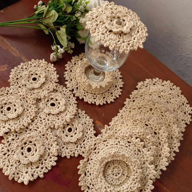 (PO 7 - 30 hr) alas gelas rajut dan tutup gelas rajut/rajutan alas+tutup gelas/handmade alas+tutup g