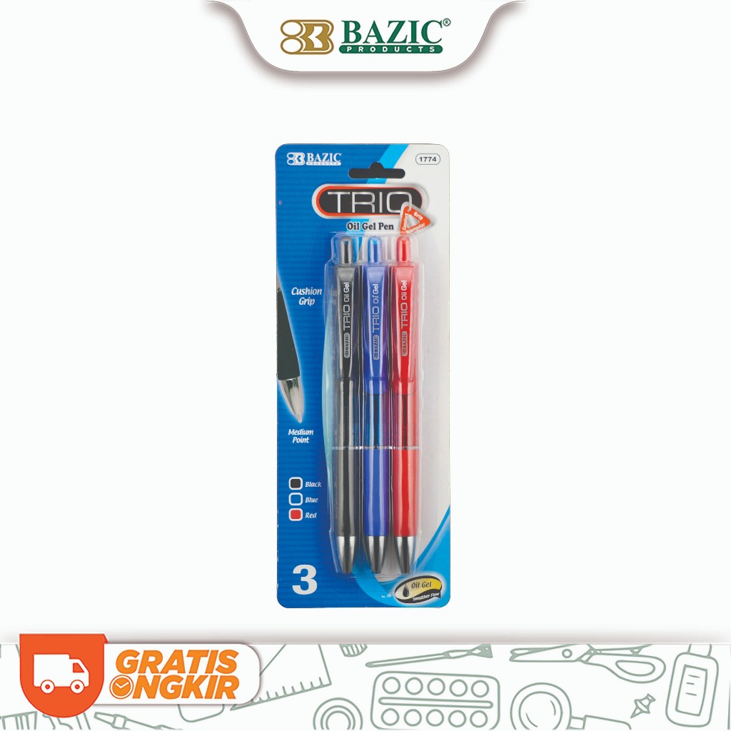 

Bazic Trio Oil Gel Pen 1.0mm 3 Colors - Pena / Pulpen Cetek 3 Warna