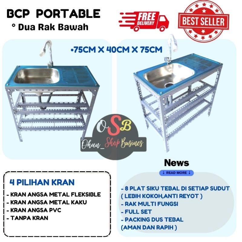 Paket Lengkap Bak Cuci Piring Kitchen Sink/Wastafel Portabel Pake Rak Bawah 75cm