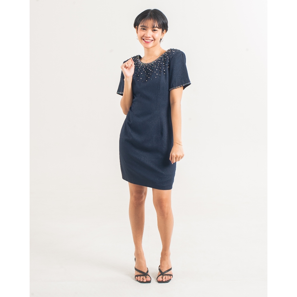 Gaun Pesta evening party dress wanita elegan metalic size M navy blue
