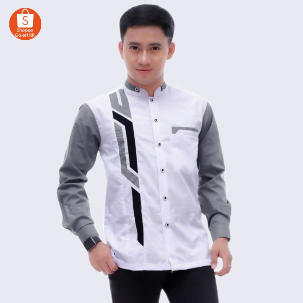 Baju Koko Putih Pria Dewasa Lengan Panjang Kombinasi Kemeja Shanghai Motif Sinergi Model Terbaru