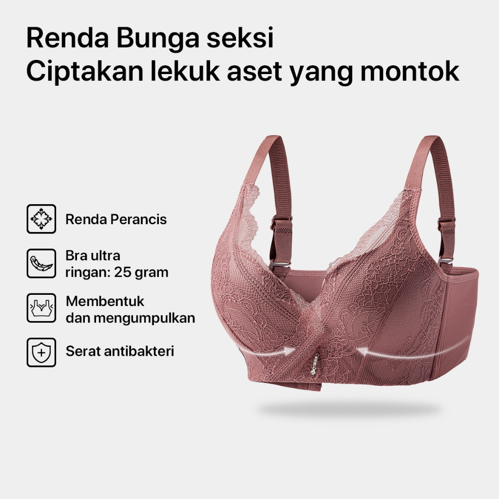 GRENEY-L.W.L- Bra Renda Perancis Menopang Bergesper  Pakaian Dalam Push Up Bra Wanita Sport Tanpa Kawat Busa 89668