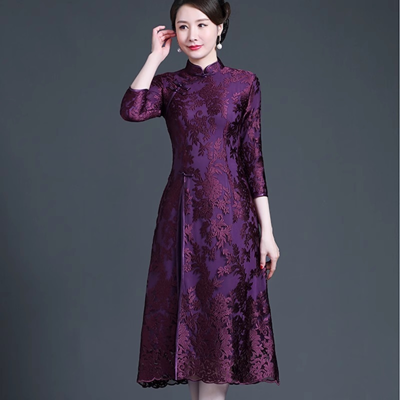Gaun Pesta D23047 Cheongsam Ungu Merah Lengan Pendek Party Dress