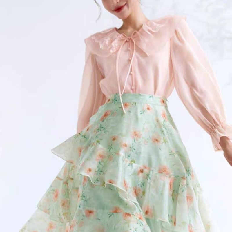 2282 Pakaian Baju blus blouse kemeja lengan panjang pllos rempel renda kerj cantik bagus murah murme