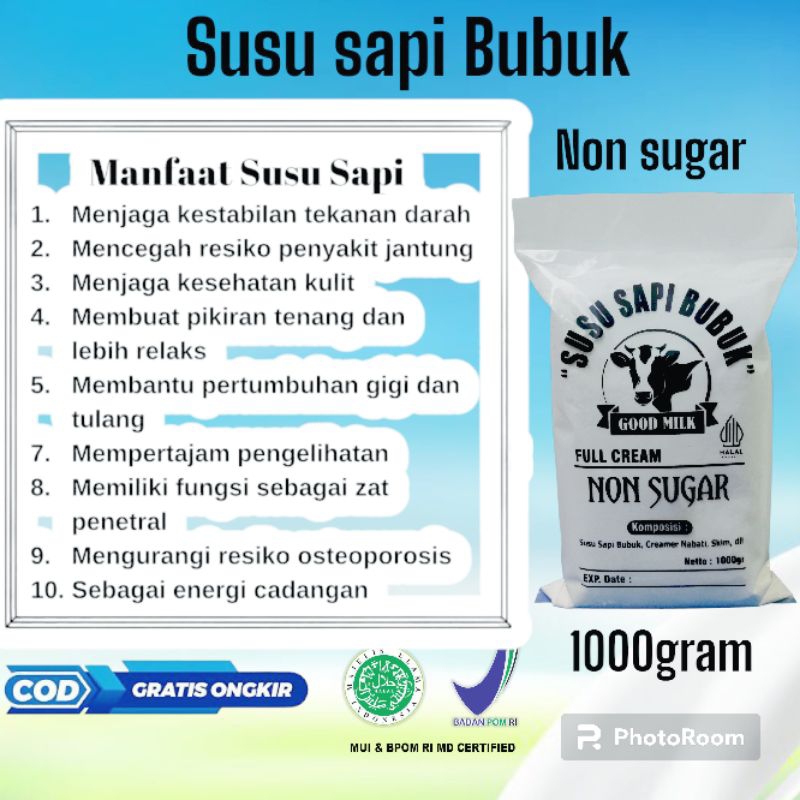 

susu sapi Bubuk fullcream NON SUGAR (tanpa gula) netto 1000gram