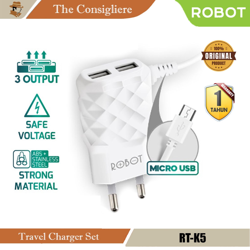 Robot Charger RT-K5 Fast Charging Micro Original Casan Quick Charge 2,1A Bisa Charge 3 Hp Sekaligus