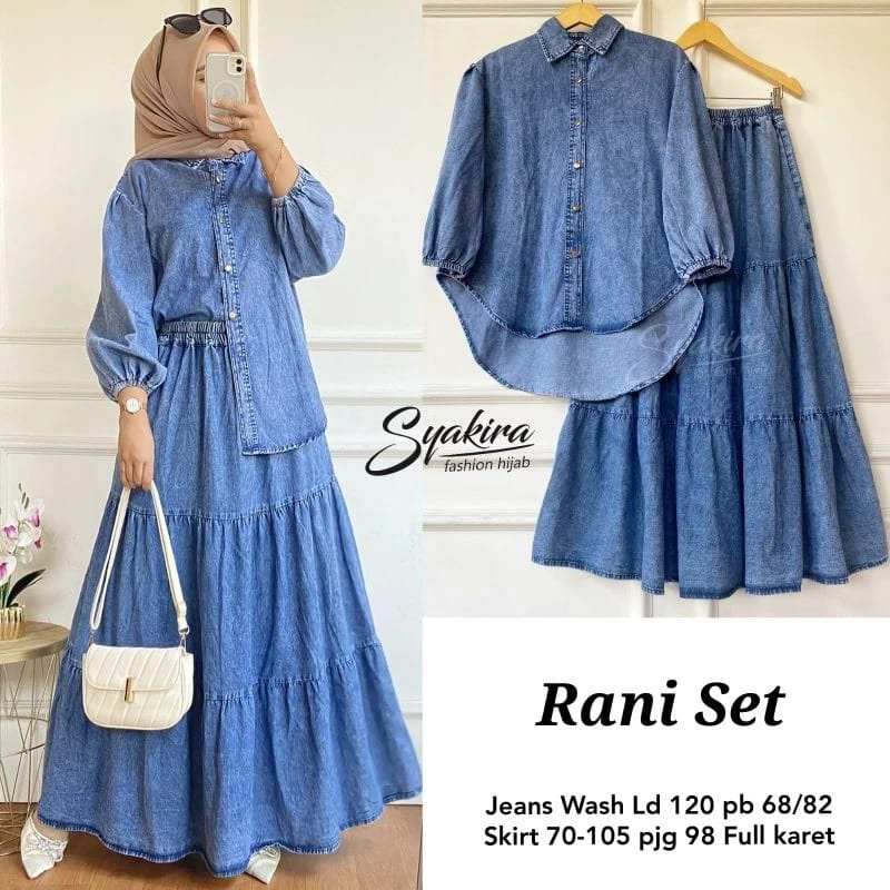 Rani Set Baju Stelan Rok jeans Wanita Jumbo/ One Set Jeans Premium/Atasan Jeans Wanita Jumbo