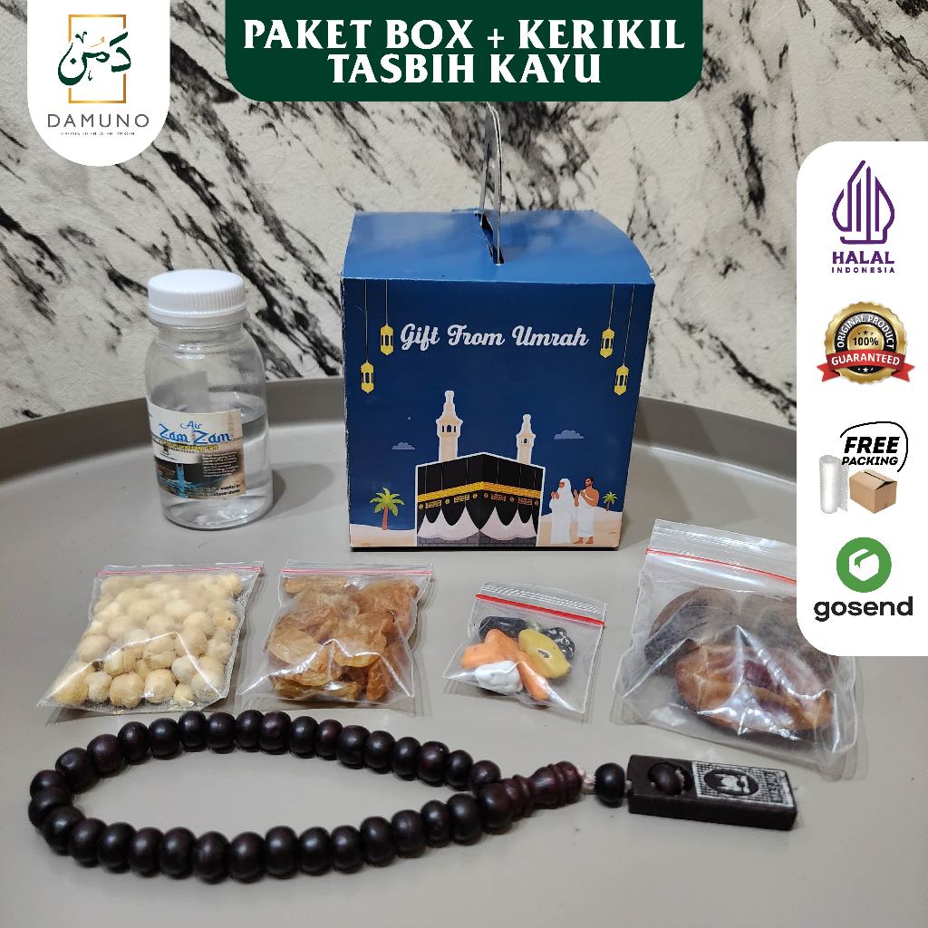 

Paket Oleh Oleh Haji dan Umroh Coklat Kerikil + Tasbih Kayu + Kurma Khalas + Dus Box