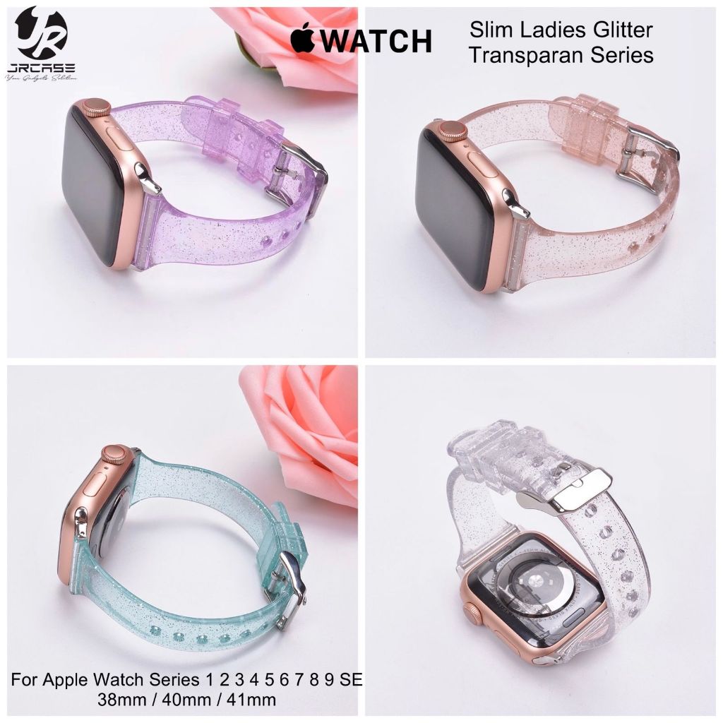 Slim Ladies Glitter Transparan Strap Sport Band Apple Watch 41mm 40mm 38mm Series 1 2 3 4 5 6 7 8 9 
