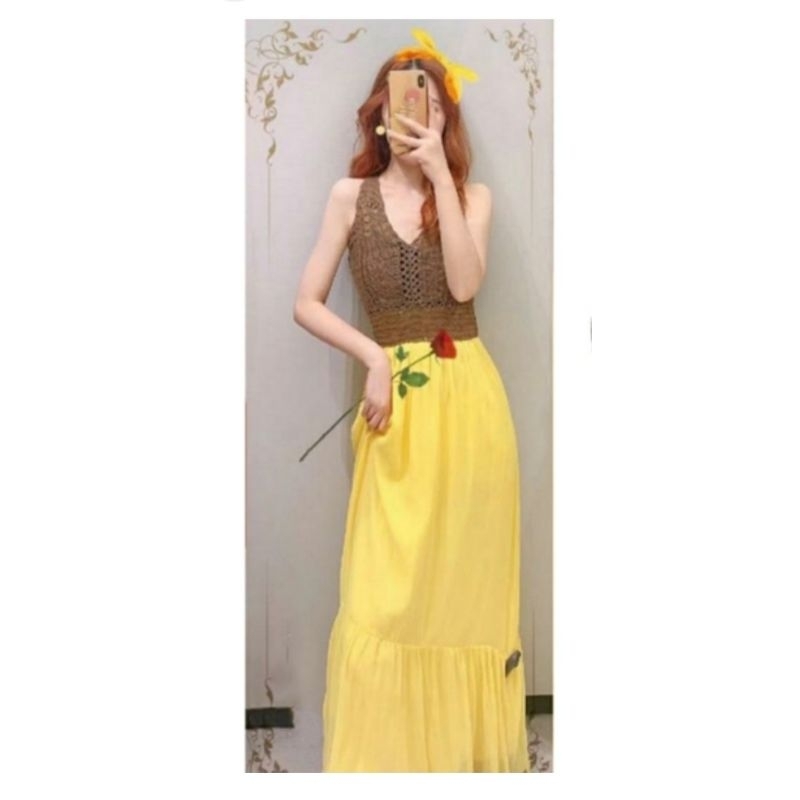ZARA CROCHET COMBINED DRESS YELLOW PRELOVED LIKE NEW DRESS MEREK ZARA
