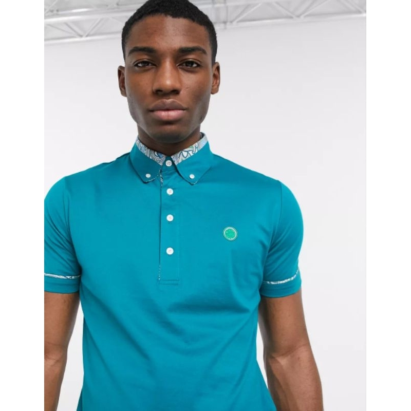Pretty Green Paisley Print Collar Polo Shirt Green Original