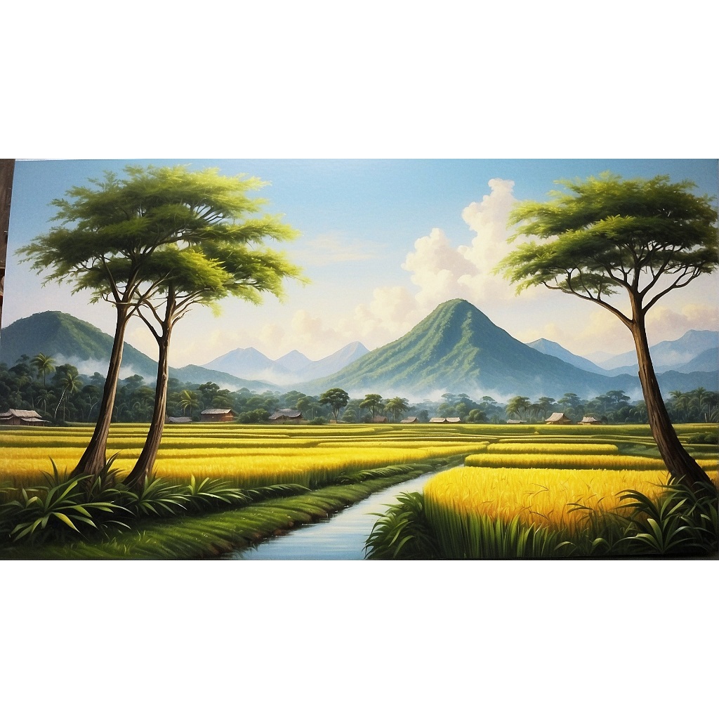 Lukisan Pemandangan Sawah Pedesaan Nuansa Modern