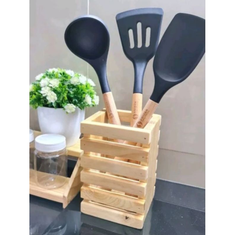 Tempat Rak Sendok garpu Alat tulis pensil bolpoin spidol penggaris bisa di gantung kayu sholid jati 