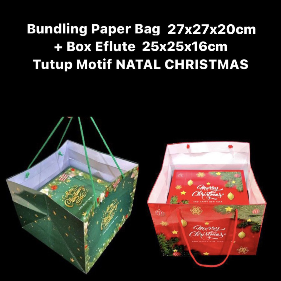 

5 Paket Bundling Paper Bag 27x27x20cm+Box Eflute 25x25x16cm Tutup Motif Natal Parcel Christmas