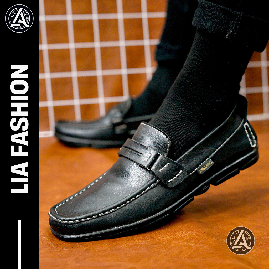 LIA X KURIOSTANS  - Sepatu Pantofel Pria Kulit Asli Slip On Tanpa Tali Warna Hitam Coklat High Quali