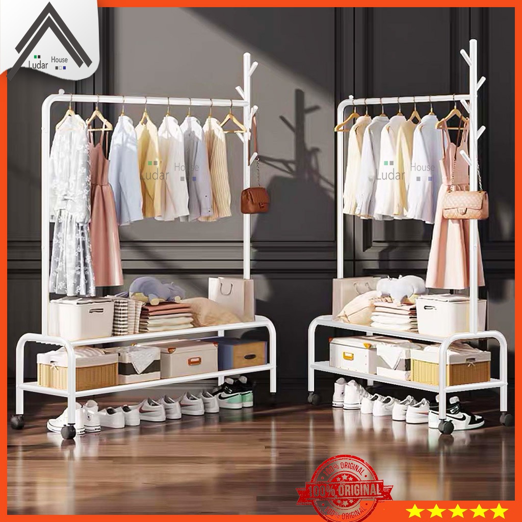 Rak Gantungan Baju 2 Ruang Stand Hanger Gawang Baju Besi Dengan Gantungan Tas Topi Warna Hitam & Put