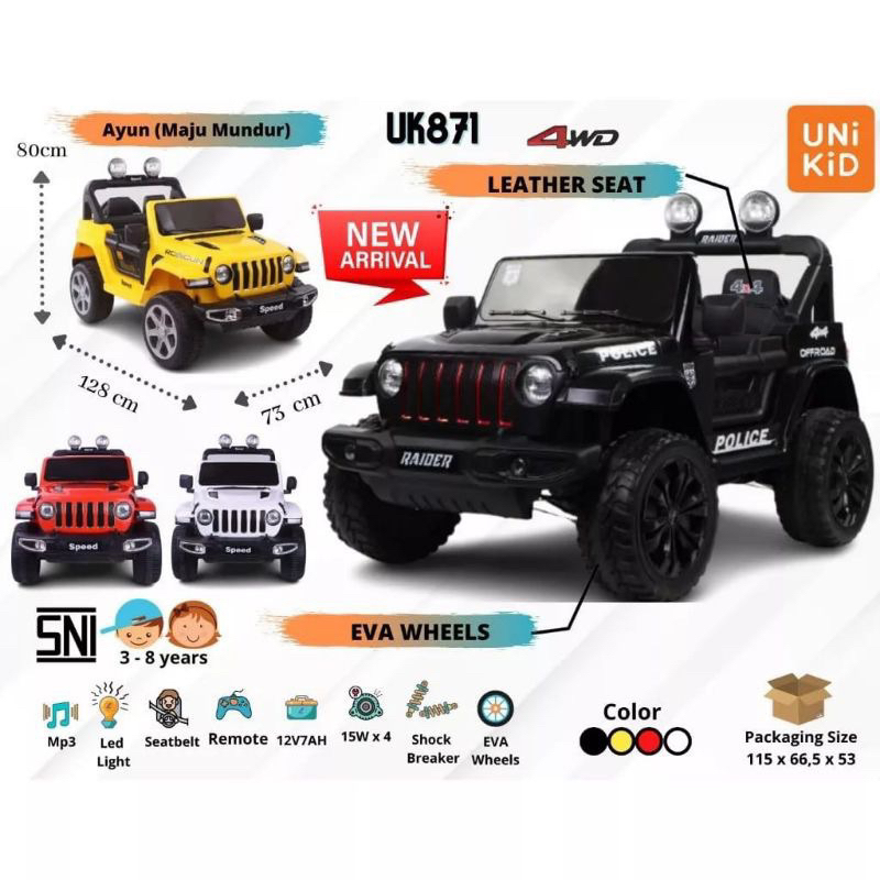(FREE BUBBLEWRAP) MOBIL AKI MAINAN ANAK JEEP RUBICON BAN KARET UNIKID UNI KID UK871 / UK-871 / UK 87