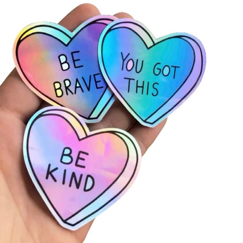 

9Pcs Stiker Hologram Bentuk Hati - Be Kind - Be Brave - You Got This